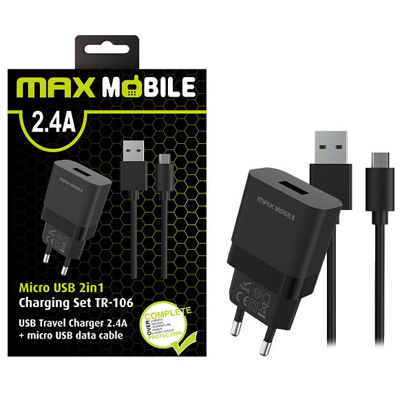 MaxMobile kućni punjač set 2u1 USB + Micro USB kabel 2.4A – crni zidni punjač s micro USB kabelom